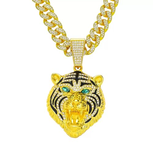 MIVEIVIA Iced Out Anhänger Tiger Halskette für Herren Hip Hop Tier Iced Out Kette Rap Punk Rock Club Disco CZ Diamant Bling Kostüm Herren Schmuck Kubanische Gliederkette für Herren von MIVEIVIA