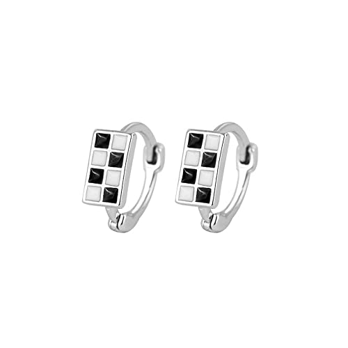 QCJQSH Ohrringe Damen,Creolen Aus 925Er Sterlingsilber Für Frauen, Kreativer Geometrischer Schwarz-Weißer Schachbrett-Creolen-Ohrring, Silberfarbene Huggie-Ohrringe, Exquisiter Charm-Schmuck Für F von QCJQSH