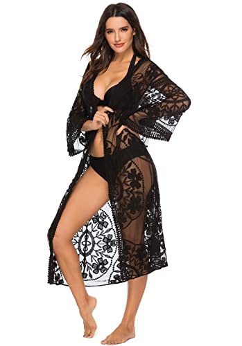 MIXIDON Bikini Cover up Cardigan Sommer Kimono Strand, überwurf Pareos & Strandkleider fã¼r Damen Spitze Schwarz von MIXIDON