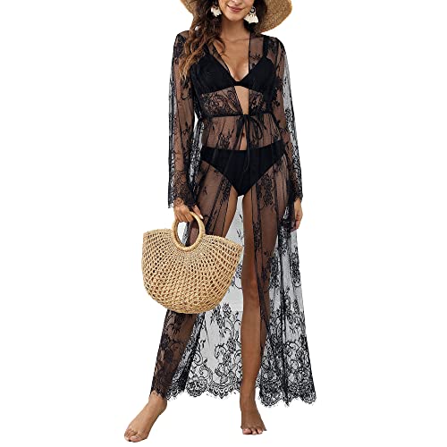 MIXIDON Kimono Damen Lang Strand Kimono Damen Cover Up Strandkleid Strandtunika Sexy Kimono Spitze Bikini Cover Up Bikini üBerwurf Damen Bade Kimono Damen Strandponcho Damen Schwarz L von MIXIDON