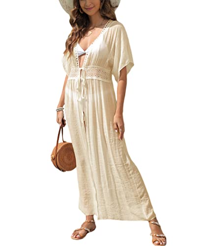 MIXIDON Damen Sommer Bikini Cover Up Maxi Strandkleid Boho Lang Leichte Strickjacke Beachwear Kimono Strand Cardigan, Beige, Einheitsgröße von MIXIDON