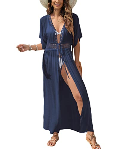 MIXIDON Damen Sommer Bikini Cover Up Maxi Strandkleid Boho Lang Leichte Strickjacke Beachwear Kimono Strand Cardigan, Blau, Einheitsgröße von MIXIDON