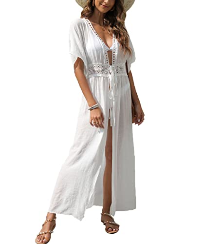 MIXIDON Damen Sommer Bikini Cover Up Maxi Strandkleid Boho Lang Leichte Strickjacke Beachwear Kimono Strand Cardigan, Weiß, Einheitsgröße von MIXIDON