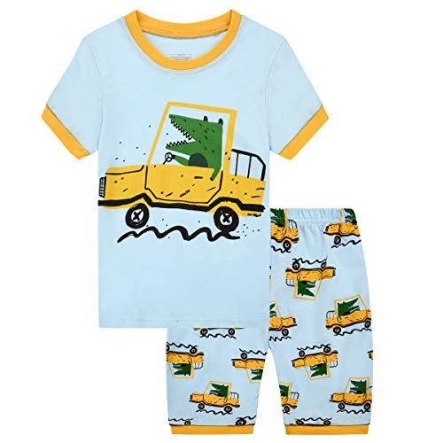 MIXIDON Jungen Schlafanzug Kurz Sommer Feuerwehrauto/Dinosaurier/Bagger Baumwolle Kinder Nachtwäsche Baumwolle Kinder Kurzarm Pyjama von MIXIDON