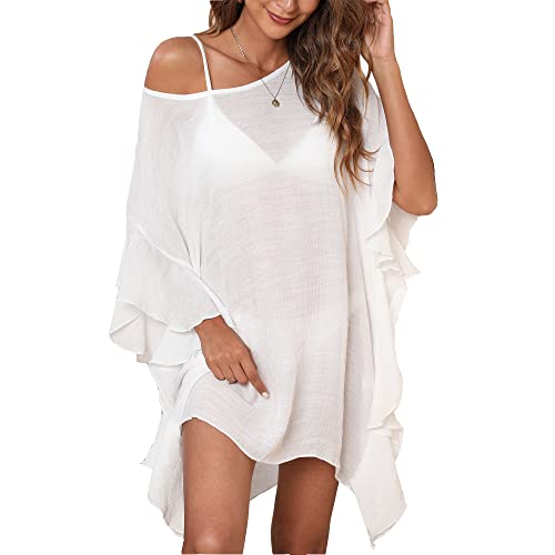 MIXIDON Strandkleid Damen Bikini Cover Up Strandkleider Damen Sommer Cover Up Strandkleid Strandponcho Kimono Damen Strand Bikini überwurf Damen Sexy Rüschenärmel Einheitsgröße Weiß von MIXIDON