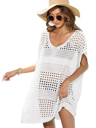 MIXIDON Strandkleid Damen Bikini Cover Up Strandkleider Stricken Damen Sommer Cover Up Strandkleid Hohl Strandponcho Kimono Weiter Ausschnitt Damen Strand Bikini überwurf Damen Sexy Einheitsgröße Weiß von MIXIDON