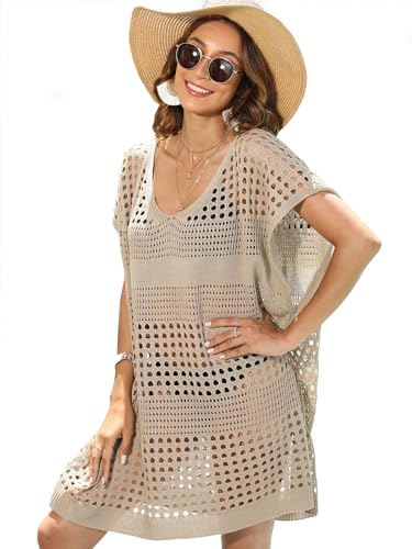 MIXIDON Strandkleid Damen Bikini Cover Up Stricken Sommer Hohl Strandponcho Kimono Weiter Ausschnitt Strand Sexy Khaki von MIXIDON