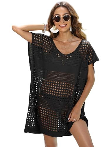 MIXIDON Strandkleid Damen Bikini Cover Up Strandkleider Stricken Damen Sommer Cover Up Strandkleid Hohl Strandponcho Kimono Weiter Ausschnitt Damen Strand Bikini überwurf Damen Sexy Schwarz von MIXIDON