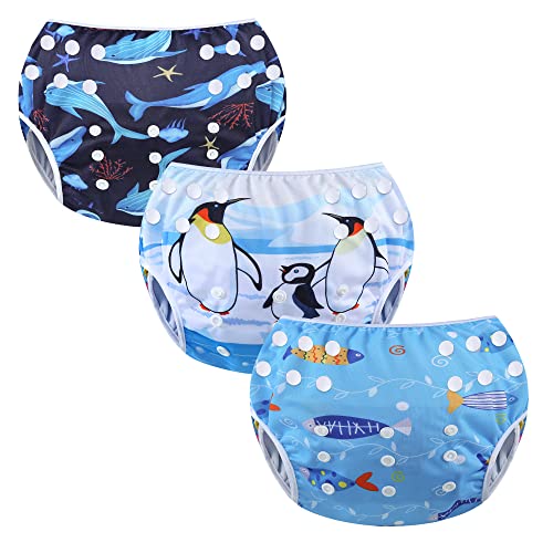 MIXIDON Wiederverwendbare Schwimmwindel verstellbar waschbar Baby-Schwimmhose Einheitsgröße Schwimmwindel Badehose für Kleinkinder von 0 bis 3 Jahren Wal+Fisch+Pinguin von MIXIDON