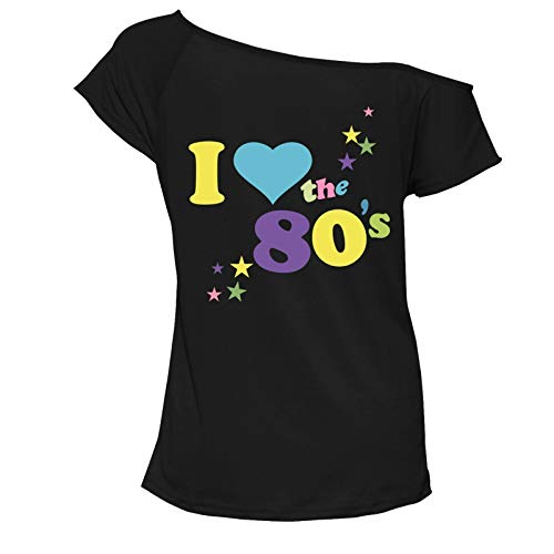 Womens ich Liebe 80er Jahre Kostüm Top Damen Retro-Partys Popstar T-Shirt Top 1980er Jahre Party Top Henne Nacht Hirsch tun (schwarz, S/M 36-38) von MIXLOT