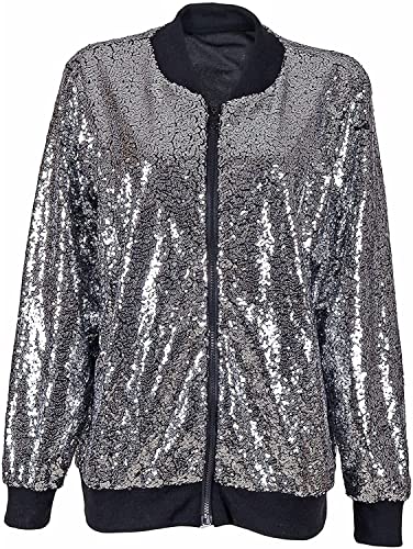 neue Damen sexy Pailletten Bomberjacke Festival Clubbing Party Disco 70er Jahre Jacke Damen Mantel funkeln glänzendes Langarm Top (Silber-, 36) von MIXLOT