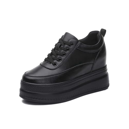 MIXSEN Damen Sneaker Wedges mit Keilabsatz Leder Dicken Sohlen Sportschuhe Turnschuhe Atmungsaktive Mesh 9CM Plateau Sneaker(Schwarz,39EU) von MIXSEN
