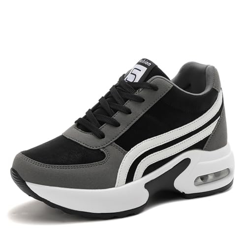 MIXSEN Damen Wedges Keilabsatz Sportschuhe Laufschuhe Outdoor Freizeitschuhe Turnschuhe Sneaker mit Verstecktem Keilabsatz(98 Schwarz Grau,42EU) von MIXSEN