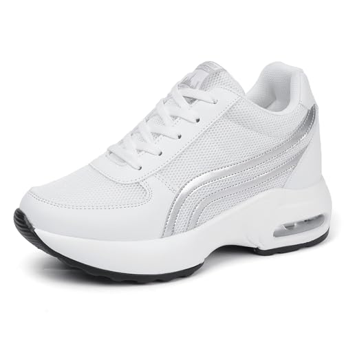 MIXSEN Damen Wedges Keilabsatz Sportschuhe Laufschuhe Outdoor Freizeitschuhe Turnschuhe Sneaker mit Verstecktem Keilabsatz(Weiß Mesh,38EU) von MIXSEN