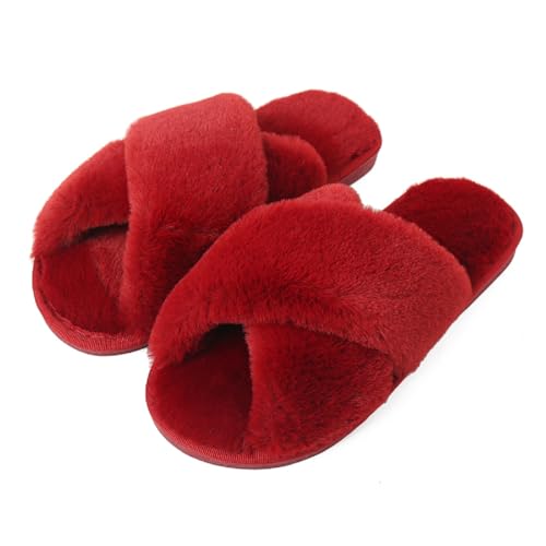 MIXSEN Hausschuhe Damen Winter Plüsch Pantoffeln mit Kreuzband Memory Foam Warme rutschfeste Flache Slippers Bequeme Flauschige Hausschuhe(Rot,38-39EU) von MIXSEN