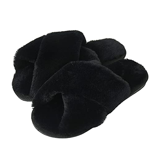 MIXSEN Hausschuhe Damen Winter Plüsch Pantoffeln mit Kreuzband Memory Foam Warme rutschfeste Flache Slippers Bequeme Flauschige Hausschuhe(Schwarz,42-43EU) von MIXSEN