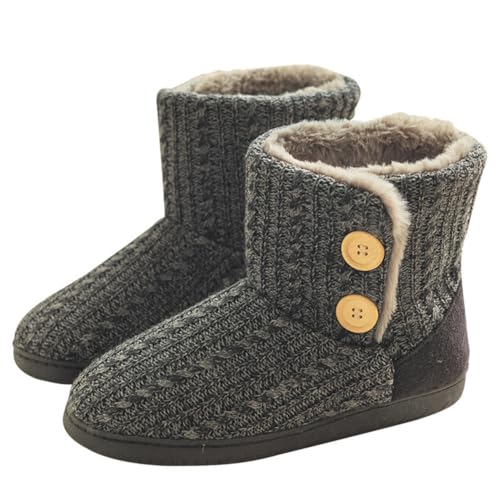 MIXSEN Hausschuhe Herren Damen Plüsch Gefüttert Hausstiefel Winter Warm rutschfest Knit Bootie Hausschuhe(Dunkelgrau,41-42EU) von MIXSEN