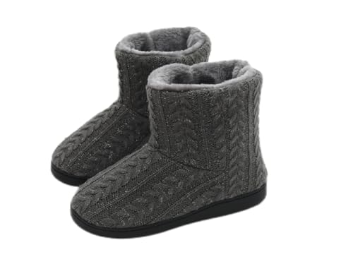 MIXSEN Hausschuhe Herren Damen Plüsch Gefüttert Hausstiefel Winter Warm rutschfest Knit Bootie Hausschuhe(Keine Schleife grau,41-42EU) von MIXSEN