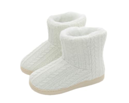 MIXSEN Hausschuhe Herren Damen Plüsch Gefüttert Hausstiefel Winter Warm rutschfest Knit Bootie Hausschuhe(Keine Schleife weiß,43-44EU) von MIXSEN