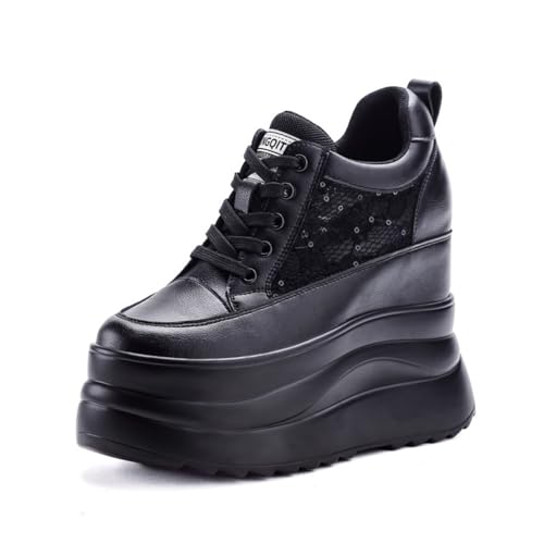 MIXSEN Keilabsatz Sneaker Damen Leder 13cm Turnschuhe mit Dicken Sohlen Plateau Sneaker Sportschuhe Freizeit Walking Schuhe(Schwarz-Mesh,38EU) von MIXSEN