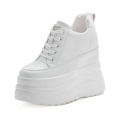 MIXSEN Keilabsatz Sneaker Damen Leder 13cm Turnschuhe mit Dicken Sohlen Plateau Sneaker Sportschuhe Freizeit Walking Schuhe(Weiß,39EU) von MIXSEN