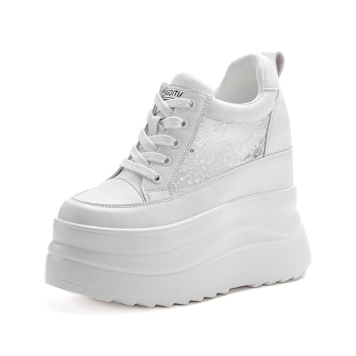 MIXSEN Keilabsatz Sneaker Damen Leder 13cm Turnschuhe mit Dicken Sohlen Plateau Sneaker Sportschuhe Freizeit Walking Schuhe(Weiß-Mesh,35EU) von MIXSEN