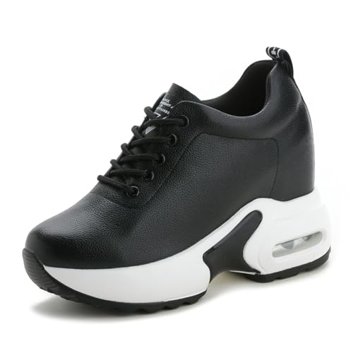 MIXSEN Sneaker Keilabsatz Damen Leder 10cm Wedge Turnschuhe Sportschuhe Laufschuhe Atmungsaktive Freizeitschuhe(Schwarz,38EU) von MIXSEN