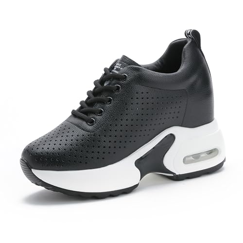 MIXSEN Sneaker Keilabsatz Damen Leder 10cm Wedge Turnschuhe Sportschuhe Laufschuhe Atmungsaktive Freizeitschuhe(Schwarz-Mesh,36EU) von MIXSEN