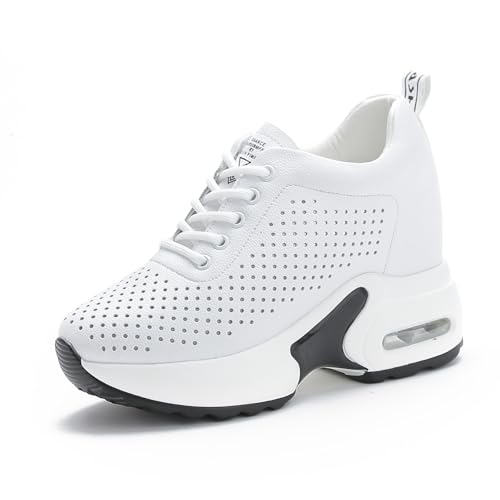 MIXSEN Sneaker Keilabsatz Damen Leder 10cm Wedge Turnschuhe Sportschuhe Laufschuhe Atmungsaktive Freizeitschuhe(Weiß-Mesh,37EU) von MIXSEN