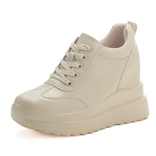 MIXSEN Sneaker mit Keilabsatz Damen Leder 10cm Sneaker Wedge Plateau Absatz Hoch Turnschuhe Sportschuhe(Beige,38EU) von MIXSEN