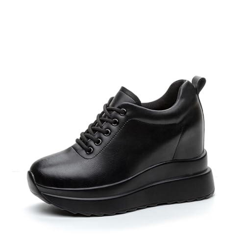 MIXSEN Sneaker mit Keilabsatz Damen Leder 10cm Sneaker Wedge Plateau Absatz Hoch Turnschuhe Sportschuhe(Schwarz,34EU) von MIXSEN