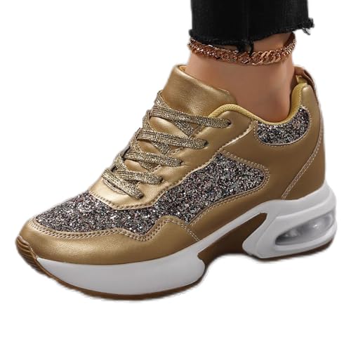 MIXSEN Sneaker mit Keilabsatz Damen Leder Dicken Sohlen Keilabsatz Sportschuhe Turnschuhe Mode Outdoor Freizeitschuhe(Gold,37EU) von MIXSEN