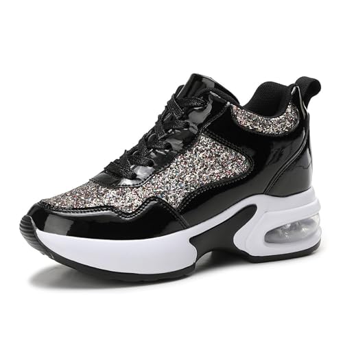 MIXSEN Sneaker mit Keilabsatz Damen Leder Dicken Sohlen Keilabsatz Sportschuhe Turnschuhe Mode Outdoor Freizeitschuhe(Schwarz,38EU) von MIXSEN