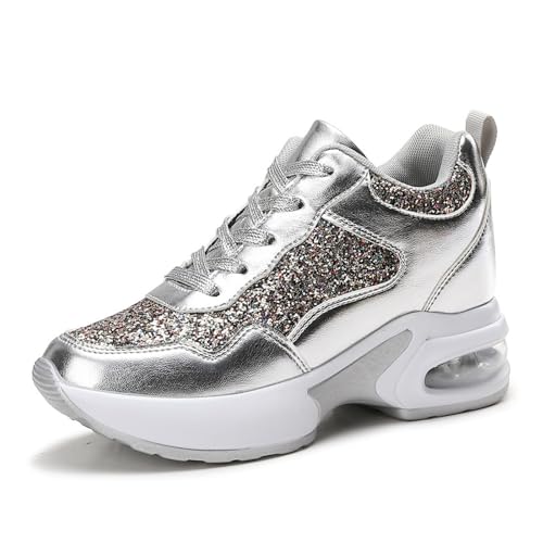 MIXSEN Sneaker mit Keilabsatz Damen Leder Dicken Sohlen Keilabsatz Sportschuhe Turnschuhe Mode Outdoor Freizeitschuhe(Silber,36EU) von MIXSEN