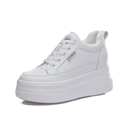 MIXSEN Sneaker mit Keilabsatz Damen Leder Dicken Sohlen Sportschuhe Turnschuhe 10CM Hidden Wedges Plateau Freizeit Walking Schuhe(Weiß,35EU) von MIXSEN