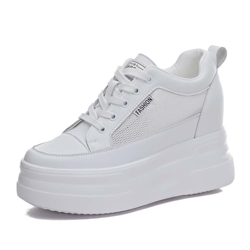 MIXSEN Sneaker mit Keilabsatz Damen Leder Dicken Sohlen Sportschuhe Turnschuhe 10CM Hidden Wedges Plateau Freizeit Walking Schuhe(Weiß-Mesh,34EU) von MIXSEN