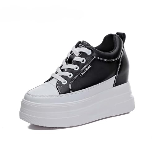 MIXSEN Sneaker mit Keilabsatz Damen Leder Dicken Sohlen Sportschuhe Turnschuhe 10CM Hidden Wedges Plateau Freizeit Walking Schuhe(Weiß-Schwarz,37EU) von MIXSEN