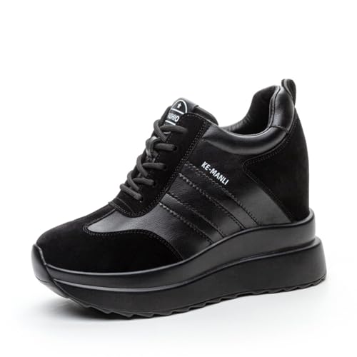 MIXSEN Sneaker mit Keilabsatz Damen Leder Dicken Sohlen Sportschuhe Turnschuhe 10CM Wedges Plateau Sneaker rutschfest(72-Schwarz,35EU) von MIXSEN
