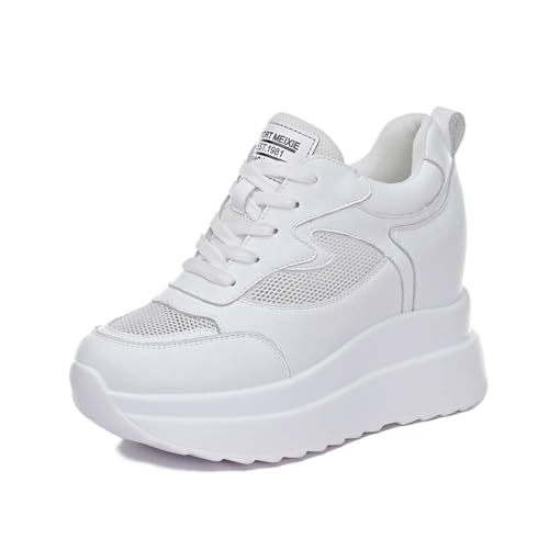 MIXSEN Sneaker mit Keilabsatz Damen Leder Dicken Sohlen Sportschuhe Turnschuhe 10CM Wedges Plateau Sneaker rutschfest(Weiß-Mesh,40) von MIXSEN