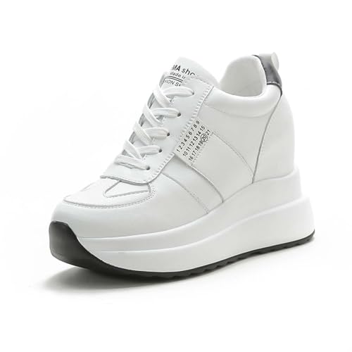 MIXSEN Sneaker mit Keilabsatz Damen Leder Dicken Sohlen Sportschuhe Turnschuhe 10CM Wedges Plateau Sneaker rutschfest(Weiß-Schwarz,38) von MIXSEN
