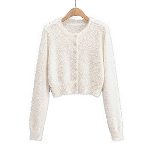 Damen Strick Cropped Cardigan Mohair Strick Cardigan Pullover Schlank Einfarbig Langarm Strick Oberbekleidung Top Button Down Vorne Offen Strickwaren,Weiß,S von MIYAA