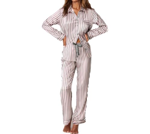 MIYAA Damen Pyjama Satin Schlafanzug Set,Seidenpyjamas Frauen Gestreifte Lange Ärmel Set Satin Pyjamas Pjs Loungewear 2 Stück Sommer Nachtwäsche Nachtwäsche,Grau,M. von MIYAA