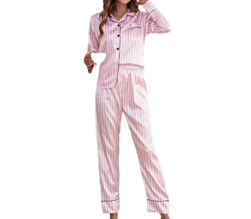 MIYAA Damen Pyjama Satin Schlafanzug Set,Seidenpyjamas Frauen Gestreifte Lange Ärmel Set Satin Pyjamas Pjs Loungewear 2 Stück Sommer Nachtwäsche Nachtwäsche,Pink,M. von MIYAA