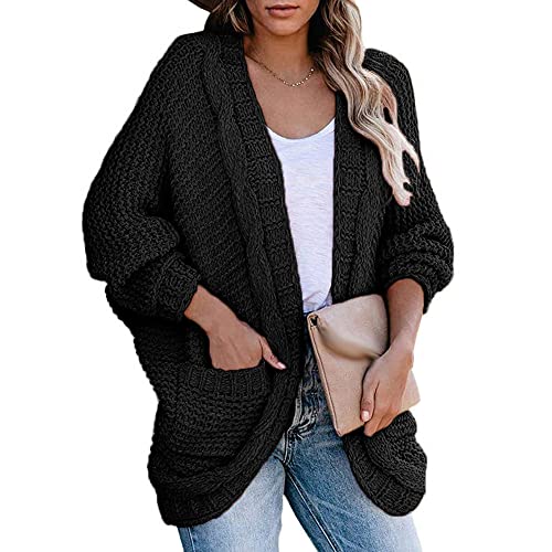 MIYAA Damen Strickjacke Herbst Winter Offene Front Dicker Faden Twist Strick Outwear Top Langarm Seil Fledermausärmel Strick Pullover Mantel,Schwarz,L von MIYAA