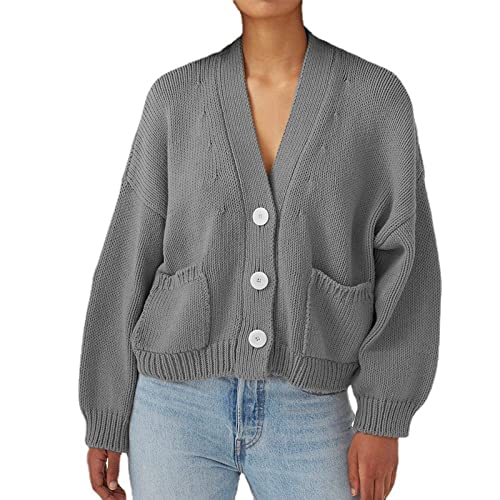 MIYAA Loser Damen Cardigan Pullover Langarm Pocket Cardigan V-Ausschnitt Cropped Outwear Lady Jumper Einreihig Offene Front Strickoberteil,Grau,XXL von MIYAA