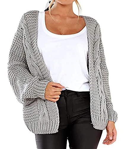 MIYAA Strickjacke Damen,Frauen Casual Open Front Cardigan Strick Gerippte Weite Ärmel Warme Strickjacke Einfarbig Chunky Zopf Herbst Strick Outwear Mantel,Grau,M von MIYAA