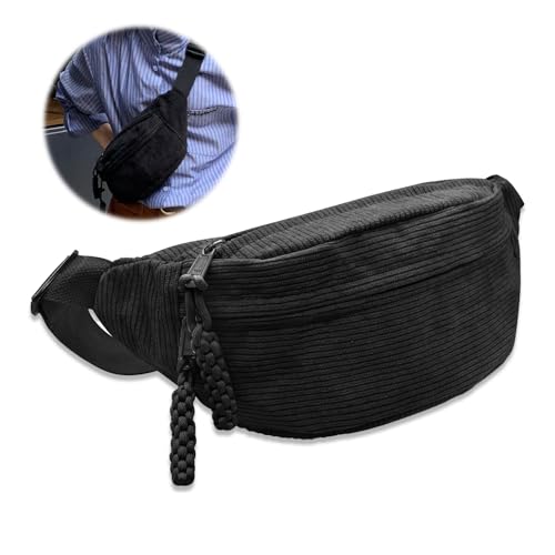 Bauchtasche Cord Umhängetasche Cord Modische Hüfttasche Freizeit Sport Hüfttaschen Crossbody Bag Schwarz mit Schultergurt Einstellbar Unisex für Damen, Herren von MIYUANGKJ