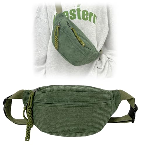 Bauchtasche Cord Umhängetasche Cord Modische Hüfttasche Freizeit Sport Hüfttaschen Crossbody Bag Grün mit Schultergurt Einstellbar Unisex für Damen, Herren von MIYUANGKJ