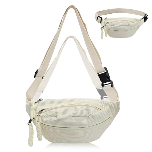 Bauchtasche Cord Umhängetasche Cord Modische Hüfttasche Freizeit Sport Hüfttaschen Crossbody Bag Weiß mit Schultergurt Einstellbar Unisex für Damen, Herren von MIYUANGKJ