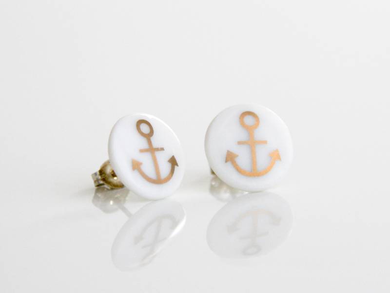 Porzellan Ohrstecker/Weiß, Goldener Anker Porzellanschmuck Keramikschmuck Anker-Ohrringe Anker-Ohrstecker Ankerschmuck Maritim von MIYUporzellanschmuck